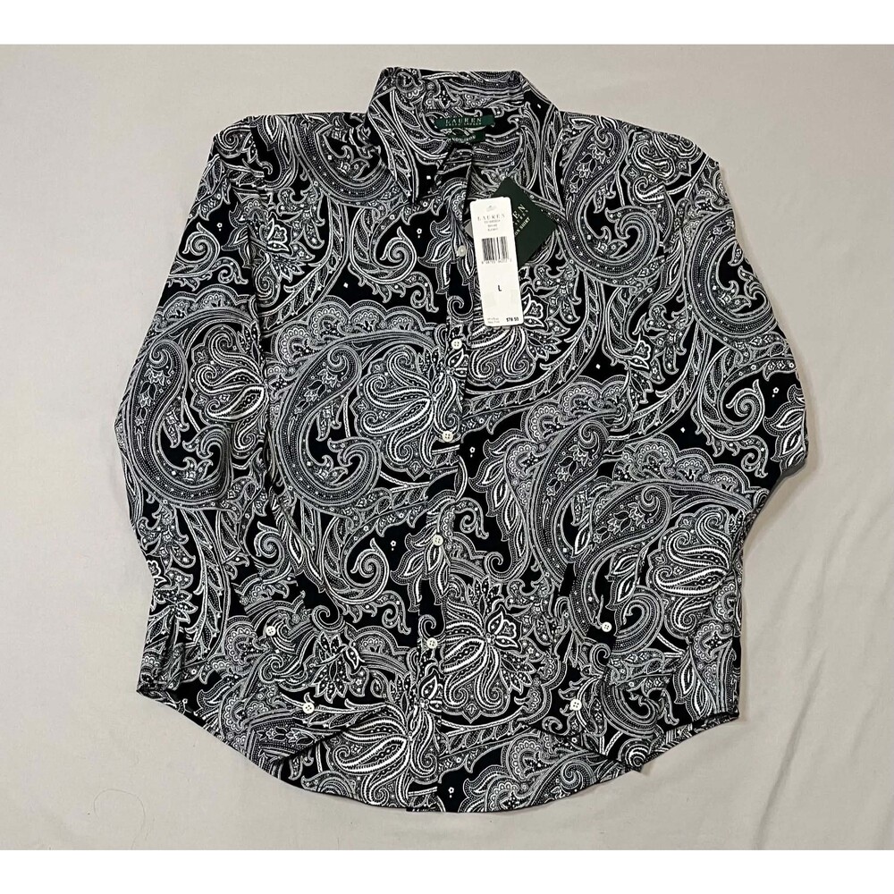 NWT Ralph Lauren Non-Iron Paisley Button Down Shirt Blouse Black White Women's L